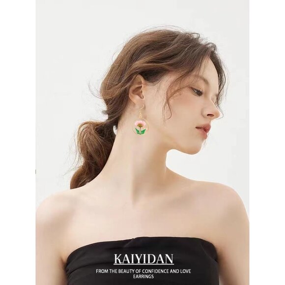 Rose Pink Dry Flower Statement Vintage Long Summer Earring for Women Jewelry - Picture 6 of 9